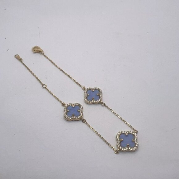 Rachel Zoe Gold Plated 925 Ster Silver Bracelet Pave 3 Blue Clover - Picture 5 of 14